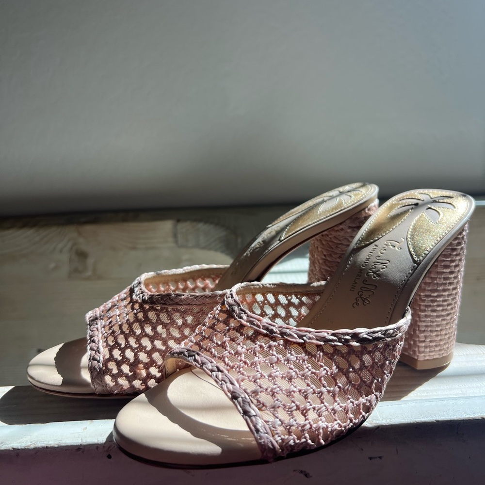 The Nat Note natural tan rafia espadrille Woven Heeled Mule sandals chunky heel - Picture 2 of 8